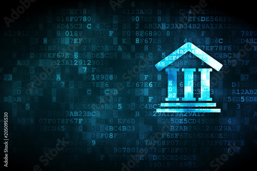 Law concept: pixelated Courthouse icon on digital background, empty copyspace for card, text, advertising