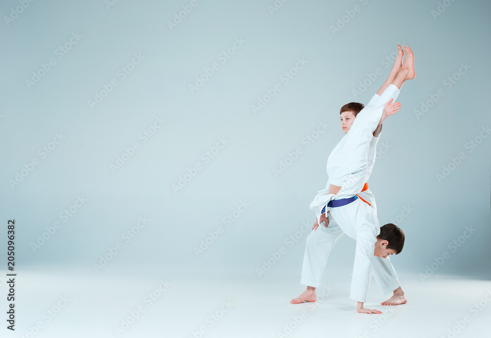 The boys posing at Aikido training in martial arts school. Healthy lifestyle and sports concept The boys posing at Aikido training in martial arts school. Healthy lifestyle and sports concept