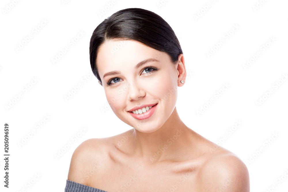 Isolated on white background portrait of beautiful young woman. Kind smile, sensual look. Isolated on white background portrait of beautiful young woman. Kind smile, sensual look.