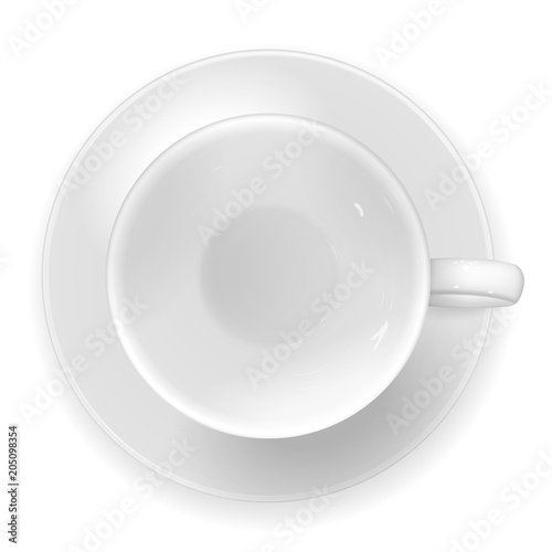 Vector realistic image of a white porcelain cup and saucer, top view. An empty mug for tea or coffee. Vector EPS 10.
