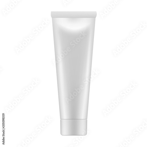 Vector realistic white image (mock-up, layout) of plastic packaging (bottle, tube) for cosmetics, 3d. Vector EPS 10.