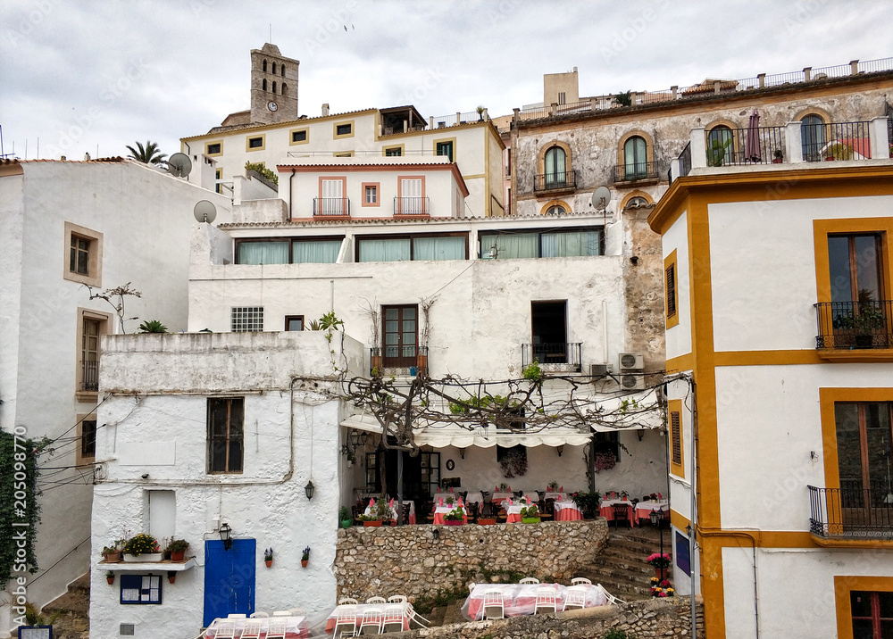 Whitewashed houses in the old town of Ibiza. Spain