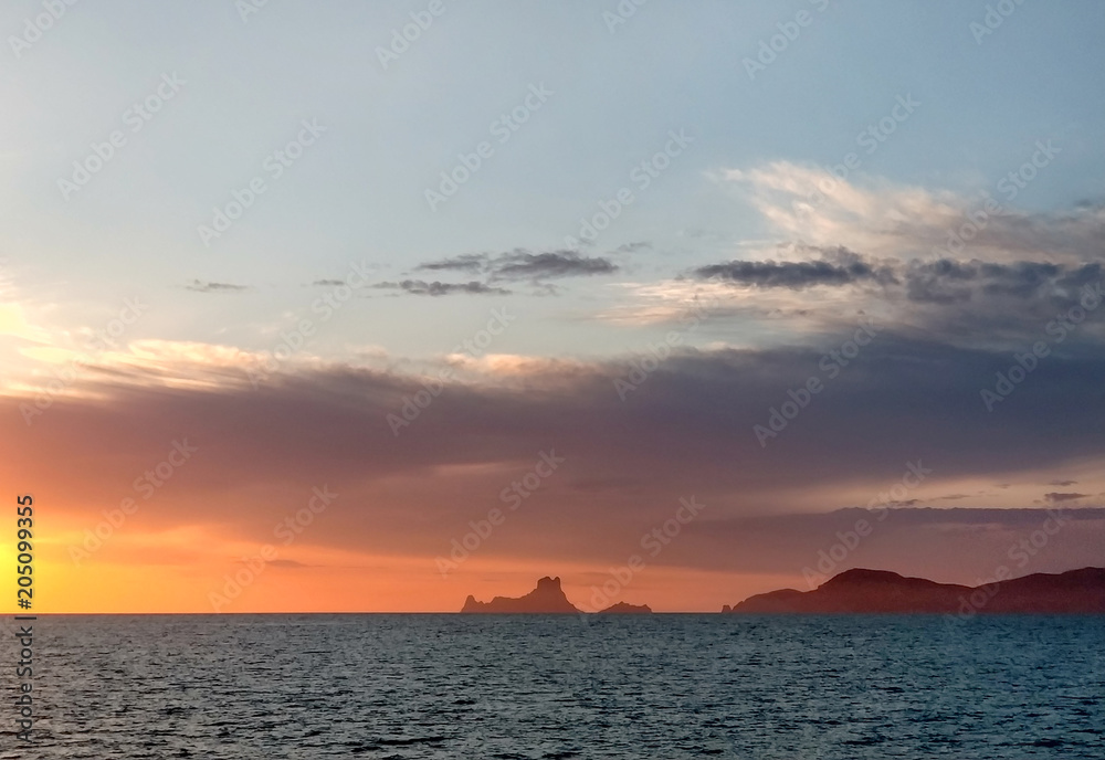 Island of Es Vedra at sunset. Ibiza Island. Spain