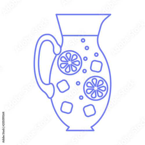 Summer cocktail in a high pitcher with lemon, ice cubes and air bubbles. Line art style.