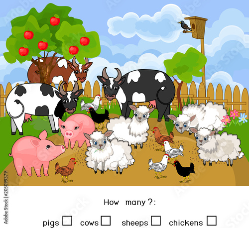 How many animals. Counting educational game with different farm animals for preschool kids