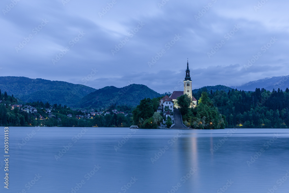 Amazing View On Bled Lake, Island,Church  With Mountain Range (Stol, Vrtaca, Begunjscica). Bled,Slovenia,Europe 