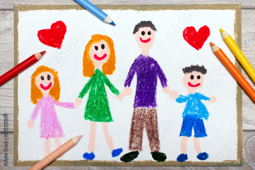Colorful hand drawing: Happy family, mother, father and their children