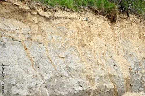 Clay soil after a slide. This clay contains approx 3% iron, the yellowish areas of the slope has oxidated iron, while the dark areas have non oxidated iron, becuse it was not exposed to oxygen.