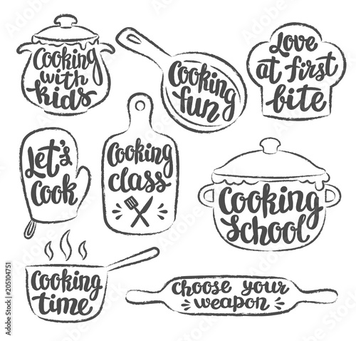 Collection of grunge contoured cooking label or logo. Hand written lettering, calligraphy cooking vector illustration. Cook, chef, kitchen utensils icon or logo.