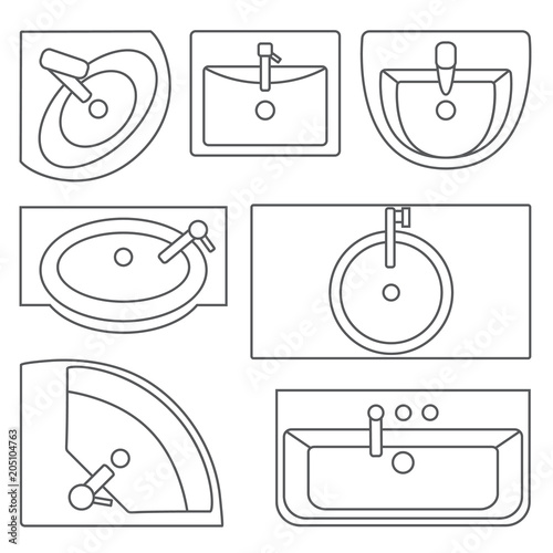 Sinks top view collection.Vector contour illustration. Set of different wash basin types.