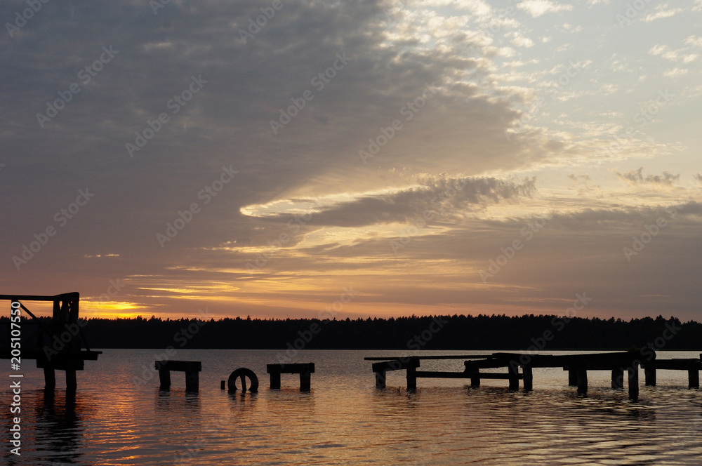Sunset over the destroyed jetty, podlasie, Poland.