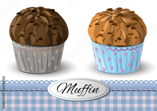 Set of muffins with chocolate chips. Vector illustration.