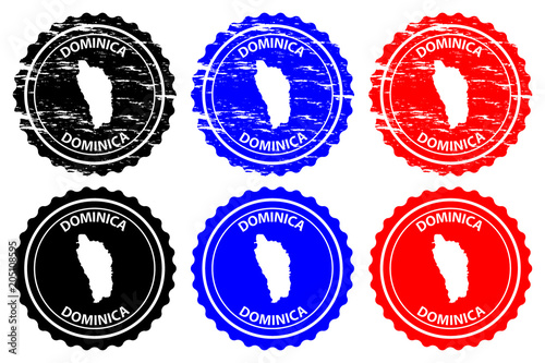 Dominica - rubber stamp - vector, Commonwealth of Dominica map pattern - sticker - black, blue and red