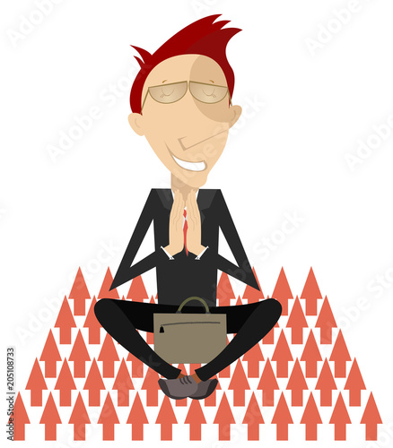 Business concept illustration. Businessman with eyes closed prays or meditates sitting as yoga on the sharp arrows concept illustration
