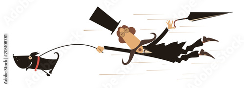 Mustache man in the top hat walking over a disobedient dog illustration. Disobedient dog drags a man who get lost his hat and umbrella by leash isolated on white
