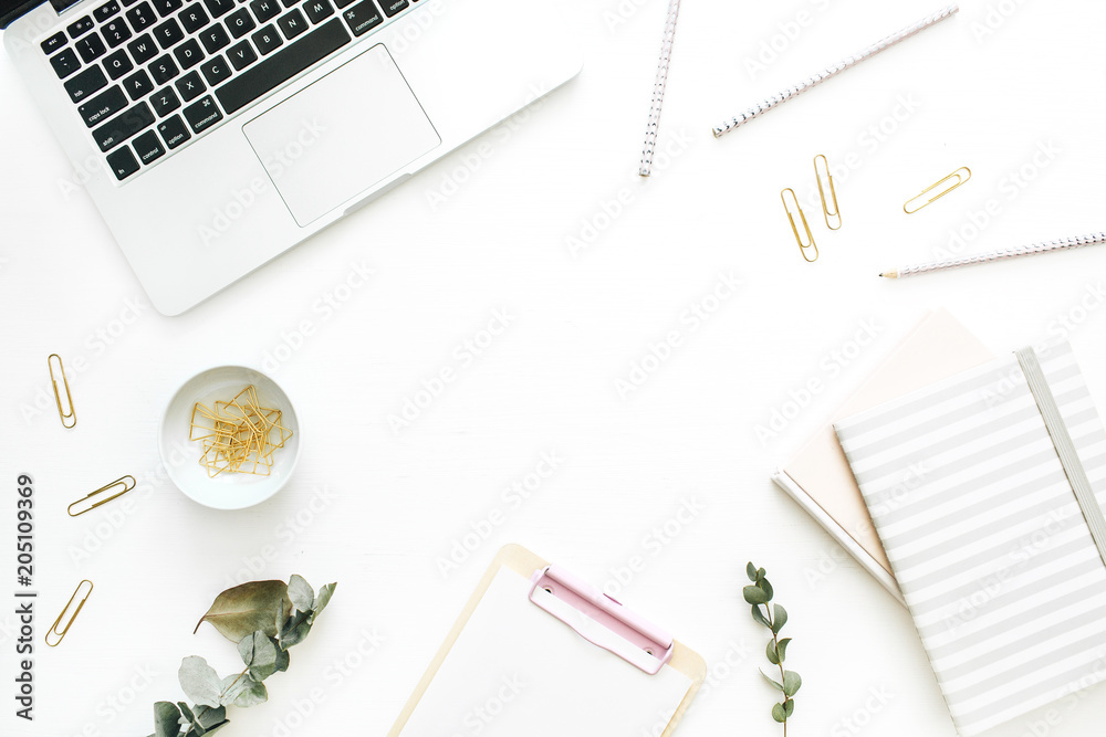 Flat lay home office desk workspace frame with space for text on white background. Minimal mock up with view from above. Flat lay home office desk workspace frame with space for text on white background. Minimal mock up with view from above.