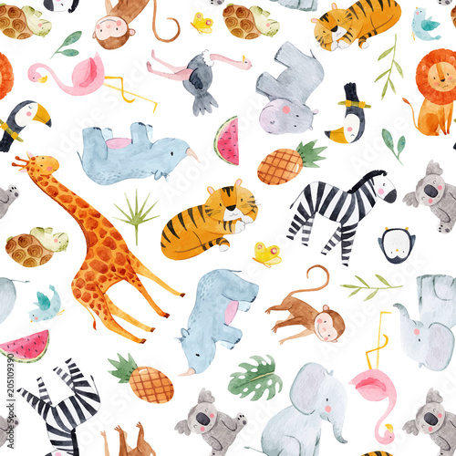Safari animals watercolor vector pattern