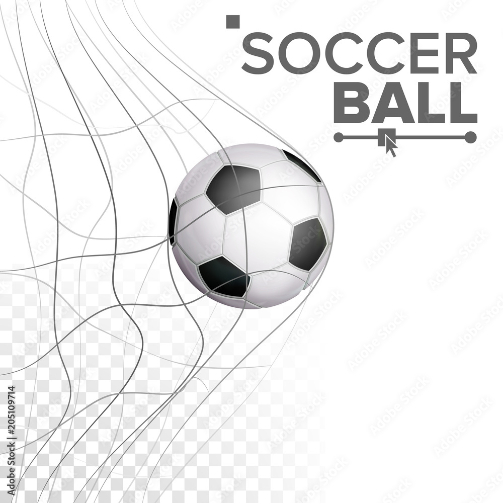 Soccer Ball In Net Vector. Hitting Goal. Sport Poster, Banner, Brochure