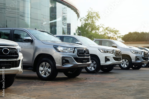 Row of New Pickup Trucks For Sale