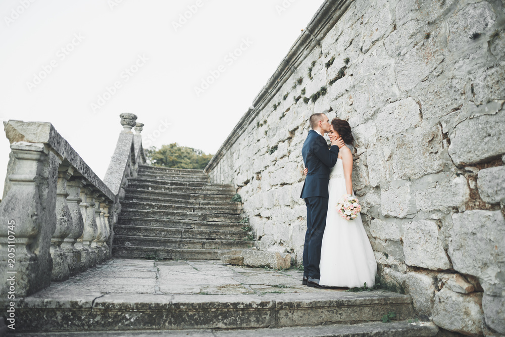 Amazing happy gentle stylish beautiful romantic caucasian couple on the background ancient baroque castle Amazing happy gentle stylish beautiful romantic caucasian couple on the background ancient baroque castle