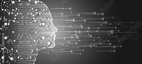 Big data and artificial intelligence concept. Machine learning and cyber mind domination concept in form of women face outline outline with circuit board and binary data flow on silver background.