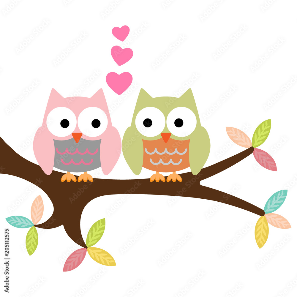 two owls on a branch with hearts two owls on a branch with hearts