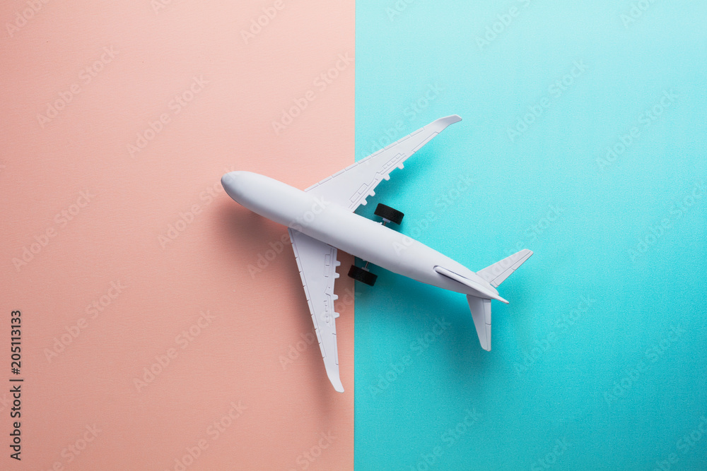 Model airplane on pink and blue pastel color background.