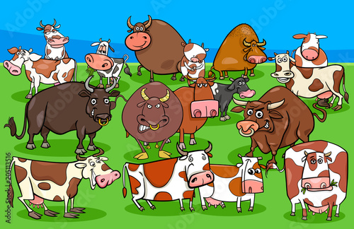 cows and bulls farm animal characters group
