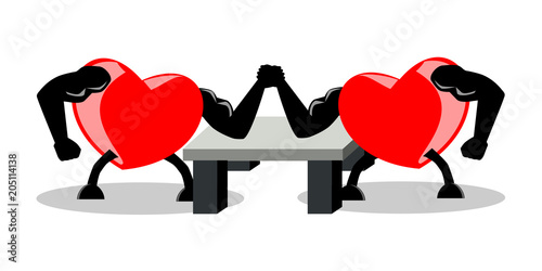 Battle between two opponent hearts, fighting by using arm wrestling match, vector illustration, EPS10, isolated on white (transparent) background. Concepts of strong heart, fighting for love, etc.