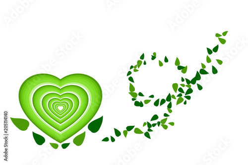 Green multilayered hearts and blowing leaves, isolated on white background. Vector illustration, EPS10. Use as icon, greeting card, or backdrop in love, valentine, or environment friendly concepts.