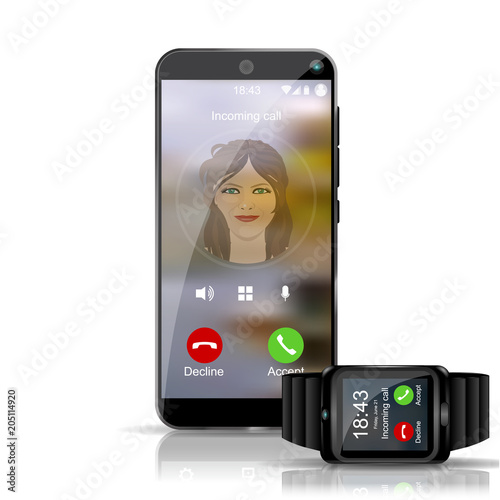 Smart phone and smart watch gadget showing the incoming call wireless connection.