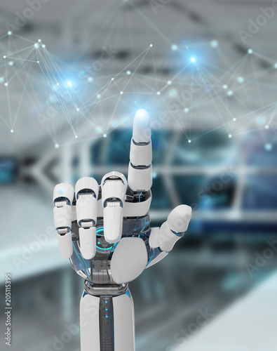 White robot hand using digital network connection 3D rendering