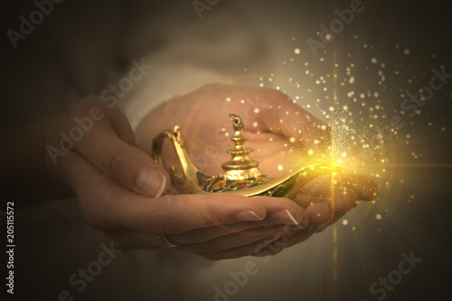 lamp of aladin, a magic lamp of fulfillment of desires, magic particles