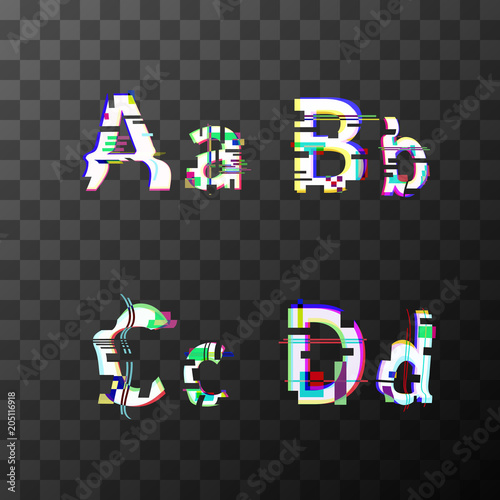 Glitch distortion font. Latin A, B, C, D letters on transparent