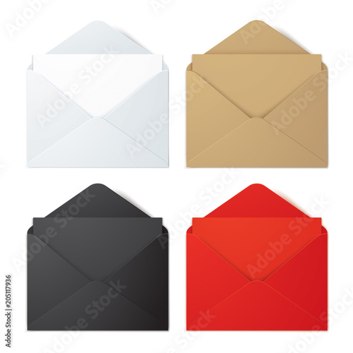 Set of white, brown, black and red vector envelopes, isolated on bacjground. Realistic vector envelope mockups.