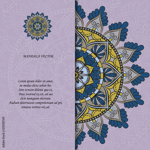 Indian style colorful ornate mandala card. Ornamental blank with ethnic motifs. Oriental graphic design concept. Paper brochure template. EPS 10 vector illustration. Clipping mask.
