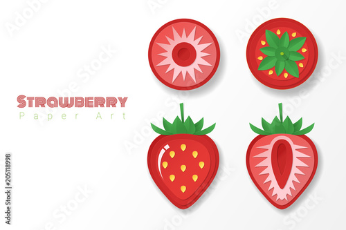 Set of strawberries in paper art style , vector , illustration