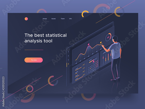 People interacting with a dashboard. Data analysis, statistics collection. Landing page template. Vector 3d illustration