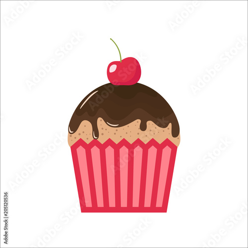Cartoon chocolate cupcake with cherry on top. Clipart cupcake cartoon, chocolate topping and cherry.
