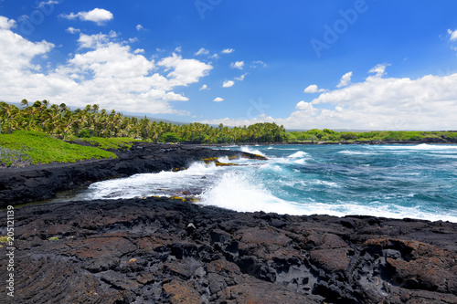 Rough and rocky shore at south coast of the Big Island of Hawaii