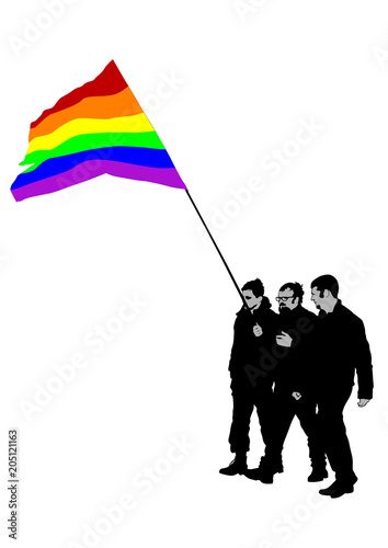 People of with large flags on white background