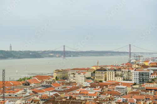 Nice view on Tagus river with famous suspension bridge in Lisbon photo