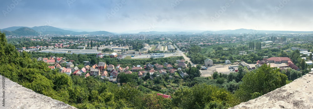 Panoramic view from the fortress wall of Palanok Castle on the city of Mukacheve and its surroundings, Transcarpathia, Ukraine