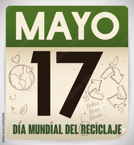 Recycled Loose-leaf Calendar for Recycling Day Celebration in Spanish, Vector Illustration