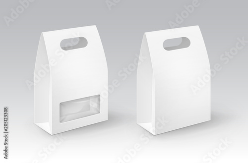 Vector Set of White Blank Cardboard Rectangle Take Away Handle Lunch Boxes Packaging For Sandwich, Food, Gift, Other Products with plastic windows Mock up Close up Isolated on White Background