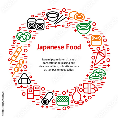 Japanese Foods Thin Line Banner Card Circle. Vector