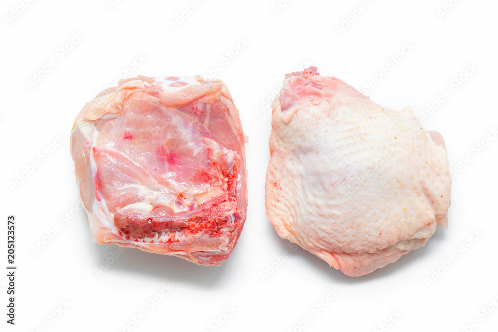 Raw chicken thighs isolated on white background.. Organic Chicken. Healthy food.