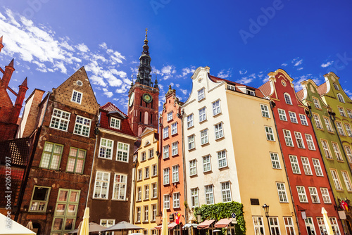 Beautiful street with colorful houses in Gdansk old town, Poland