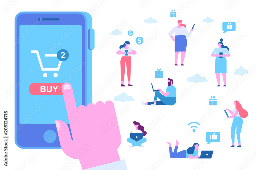 Online Shopping. Human hand using mobile phone for purchase. Different People do mobile shopping. Flat Vector cartoon illustration. Online Shopping. Human hand using mobile phone for purchase. Different People do mobile shopping. Flat Vector cartoon illustration.
