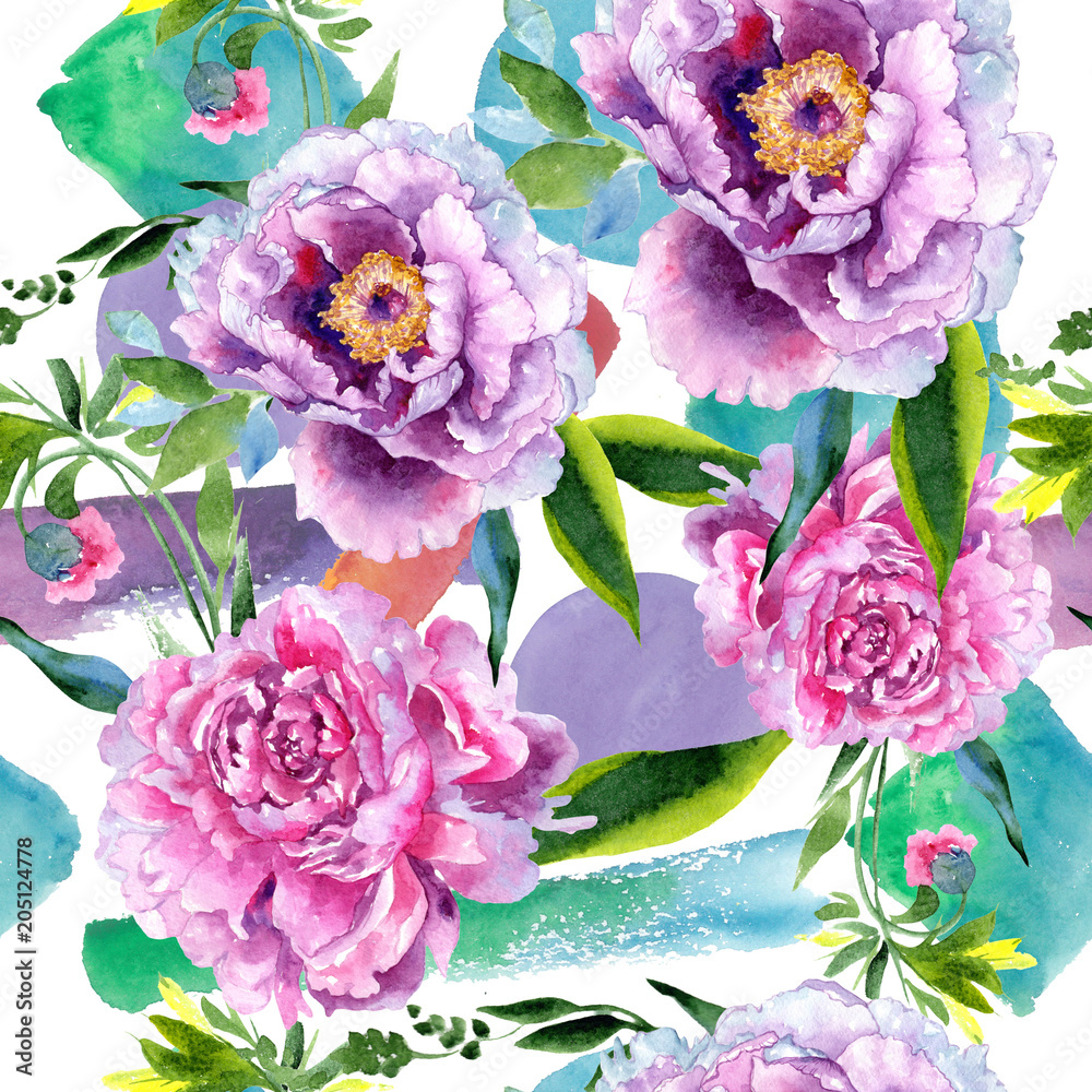 Wildflower peony pink flower pattern in a watercolor style. Aquarelle wildflower for background, texture, wrapper pattern, frame or border. Wildflower peony pink flower pattern in a watercolor style. Aquarelle wildflower for background, texture, wrapper pattern, frame or border.